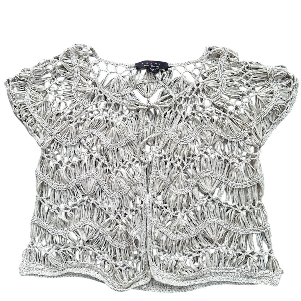 Fever cream Hand-Crochet cropped Top with tie closure Womens L‎